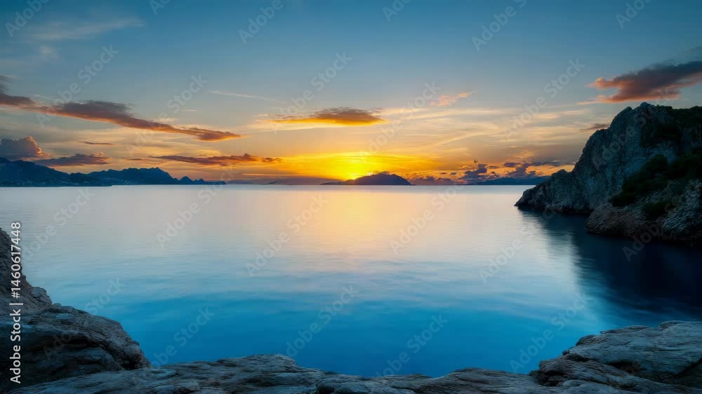 Breathtaking sunset landscape over calm sea, reflecting natures vibrant colors in serene harmony Breathtaking sunset landscape over calm sea, reflecting natures vibrant colors in serene harmony