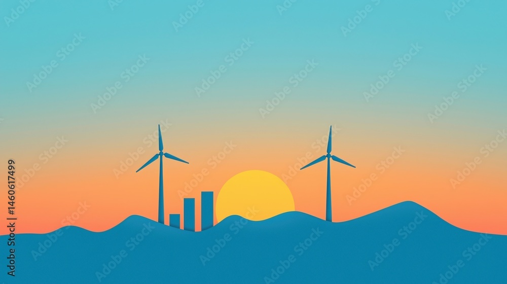 Obraz premium Minimalist illustration of wind turbines and buildings on hills with a sunrise or sunset in the background.