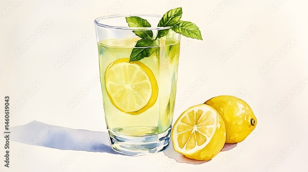 Fototapeta premium Watercolor illustration of lemonade in a glass.