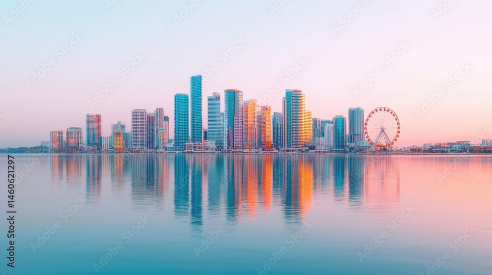 Obraz premium Stunning Sunrise Over Miami Skyline with Reflections in Water