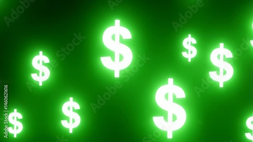 A dynamic cascade of green dollar signs rises from a vibrant green base against a black background, symbolizing an influx of wealth, financial growth, and economic prosperity.