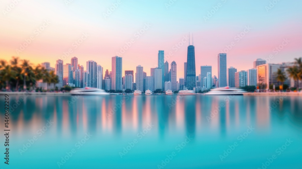 Obraz premium Serene Urban Landscape at Dusk with Water Reflection in Chicago