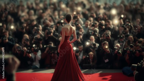 Stepping into the spotlight: A woman in a stunning red gown walks the red carpet, facing the flashing lights of a captivated crowd and eager media.