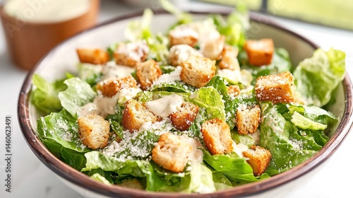 Classic caesar salad crisp romaine lettuce crunchy croutons creamy dressing and a sprinkle of parmesan