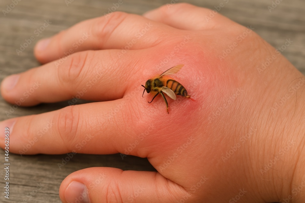 Obraz premium Child's hand with a bee sting showing redness and swelling 