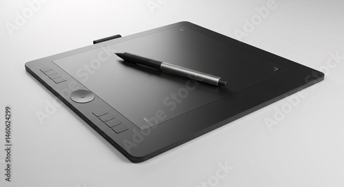 A close up shot of a black graphics tablet with a stylus pen resting on its surface in studio light