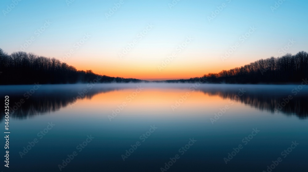 Fototapeta premium Tranquil Lakeside Sunset with Mist and Calm Water Reflections
