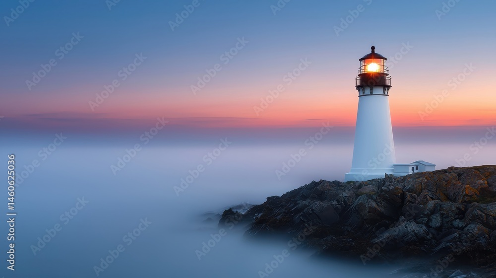 Naklejka premium Serene Lighthouse at Dusk with Calm Ocean and Colorful Sky