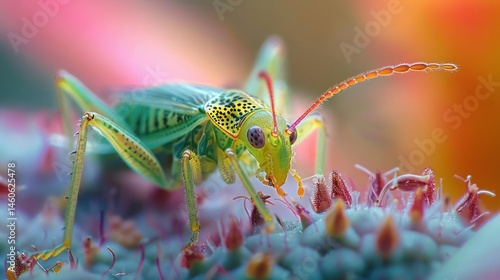 Close-up of a green grasshopper on flowers