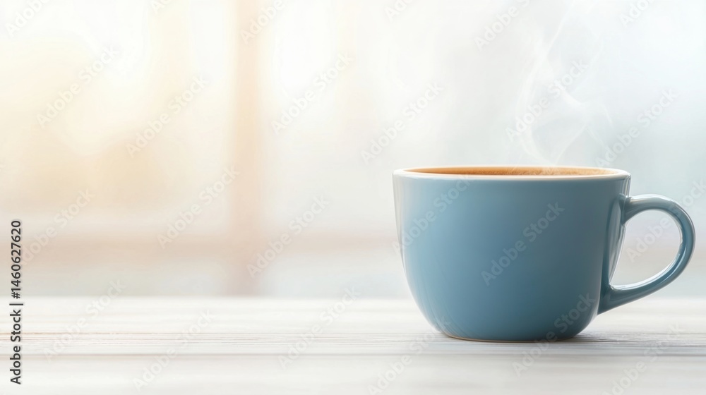 Fototapeta premium A steaming blue coffee cup sits on a light wooden table with a soft, blurred background.