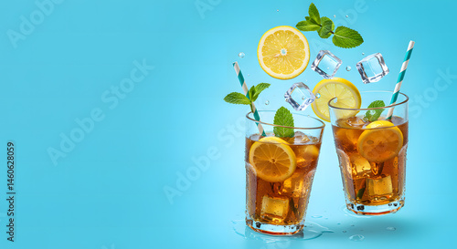 Obraz na płótnie Hyper realistic floating iced tea elements lemon mint ice bright sky blue