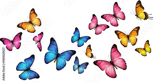 A group of butterflies flying together, colorful wings, white background