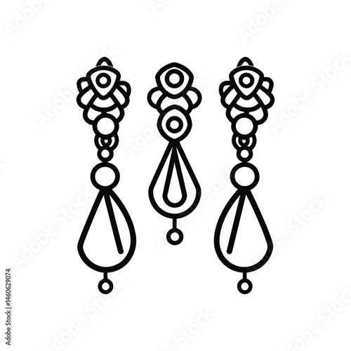 Linear Design of Three Ornamental Dangling Drop Earrings with Transparent Background