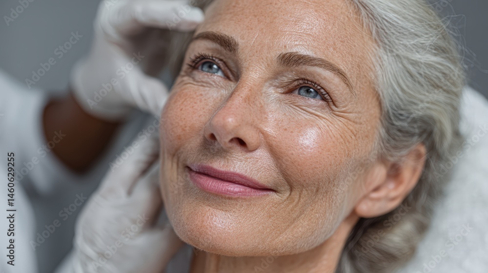 Beautician working on middle-aged woman is eyelids, drawing lines for laser blepharoplasty procedure, blonde woman smiling in the clinic. Beautician working on middle-aged woman is eyelids, drawing lines for laser blepharoplasty procedure, blonde woman smiling in the clinic.