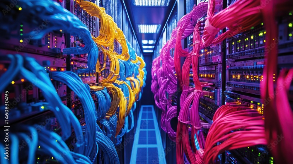 Vibrant Network: A Symphony of Data Cables in a Modern Server Room Vibrant Network: A Symphony of Data Cables in a Modern Server Room
