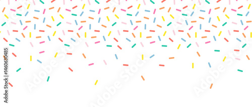 Small Dash Pattern. Colorful falling decorative sprinkles. Seamless pattern on white chocolate background. Donut glaze background. Simple Vector Illustration.