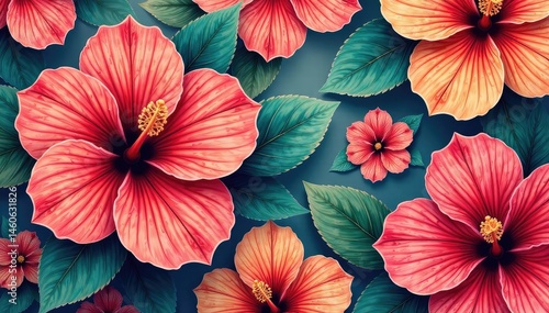Wallpaper Mural Bold, graphic hibiscus pattern, vibrant colors, colorful, fabric Torontodigital.ca