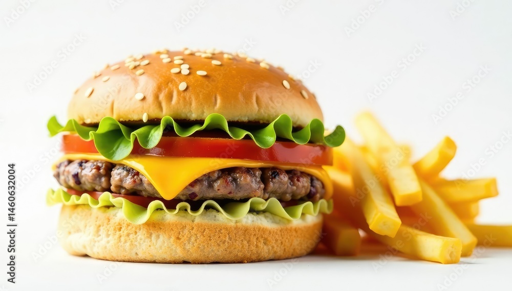Burger with cheese and fries on white background , crispy, brown, restaurant Burger with cheese and fries on white background , crispy, brown, restaurant