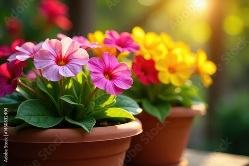 Wallpaper Mural Close-up of colorful flowers blooming in a terracotta flowerpot Sunlight illuminates vibrant petals , earth, petals Torontodigital.ca