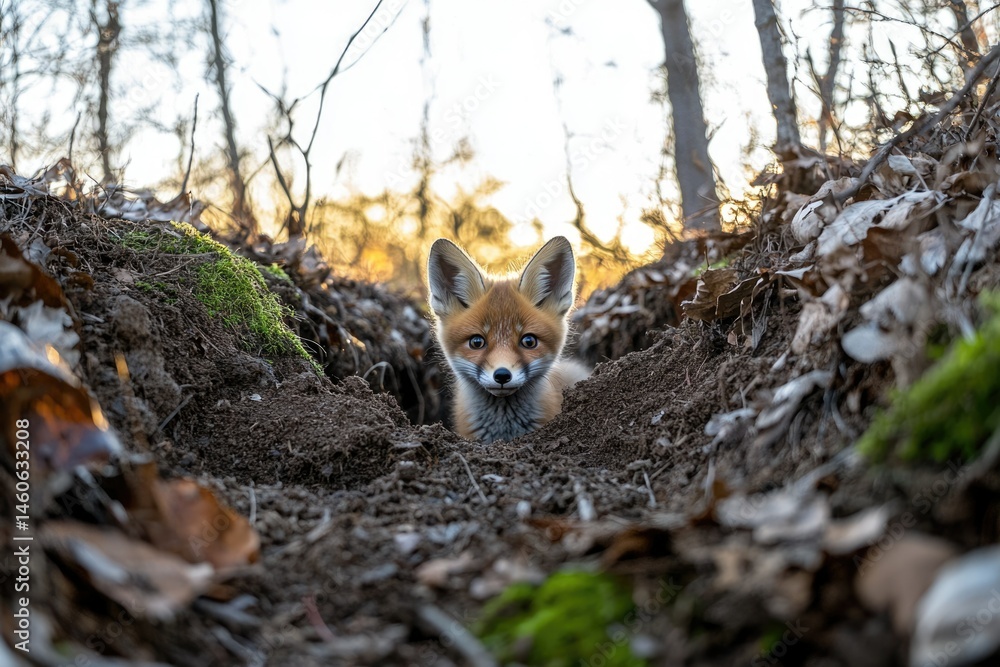 Fototapeta premium A curious red fox kit peeks from its den in a sunlit forest.