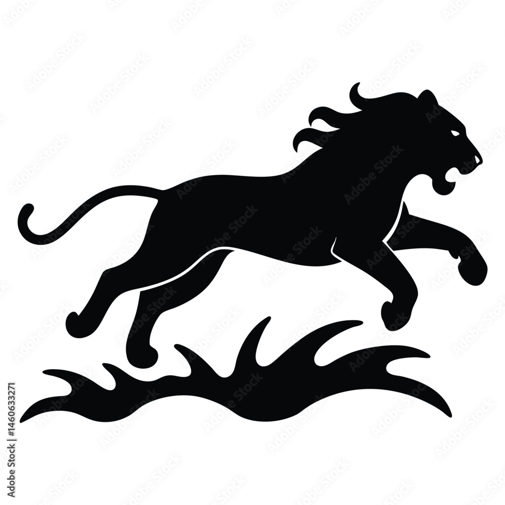 Fototapeta premium A Lion Jumping Over a River Silhouette Vector