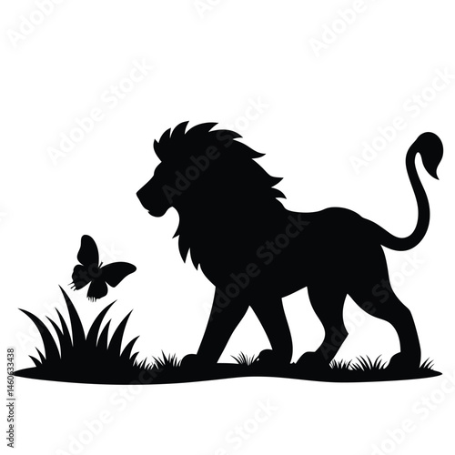 A Lion Chasing a Butterfly in the Grass Silhouette