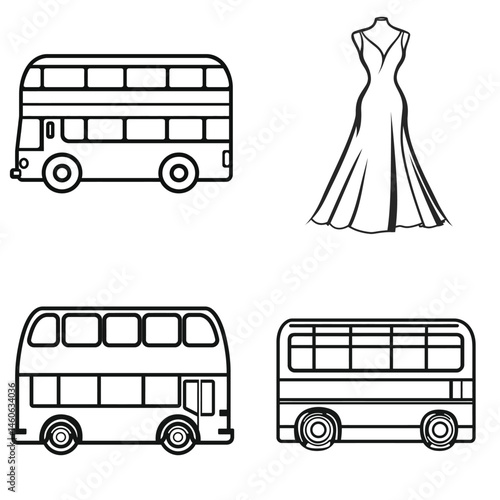 London Bus with Wedding Dress Icons, Outlined Vector, Transparent Background