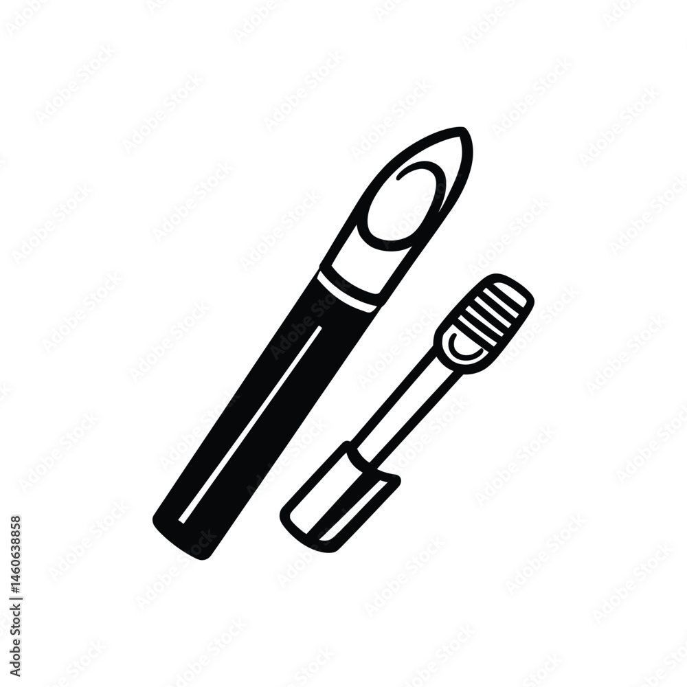 Mascara Tube and Applicator Brush Outline Style on Transparent Background Mascara Tube and Applicator Brush Outline Style on Transparent Background