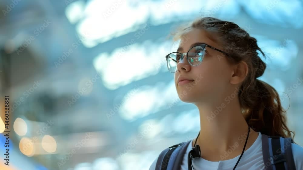 A young woman with glasses looking towards the light and focused A young woman with glasses looking towards the light and focused
