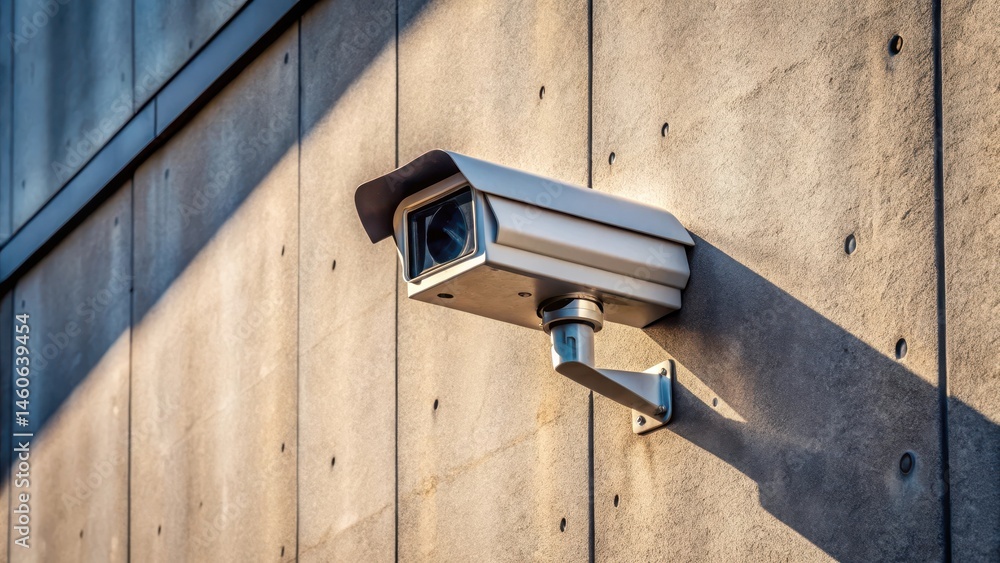 A Modern Security Camera Mounted on a Textured Concrete Wall in Sunlight A Modern Security Camera Mounted on a Textured Concrete Wall in Sunlight