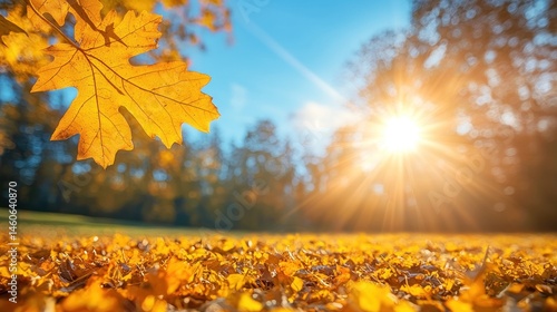 Sunlit autumn scene with vibrant yellow leaves covering the ground and a bright sun shining through trees