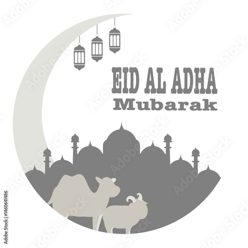 Eid al-Adha Vector Illustration with Camel, Goat, Crescent Moon, Islamic Lantern, and Mosque.