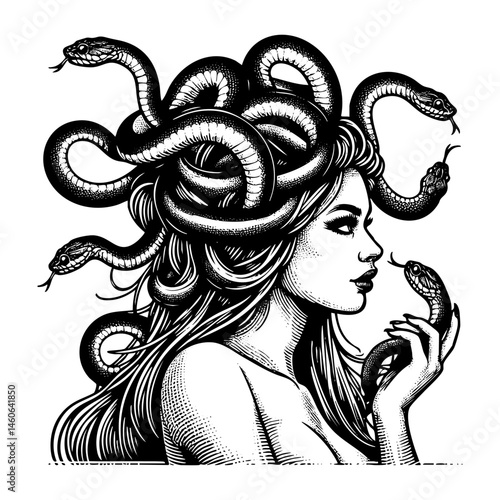 Medusa head sketch engraving black and white outline. Scratch board imitation.  illustrated in vintage line art style on a white background.
