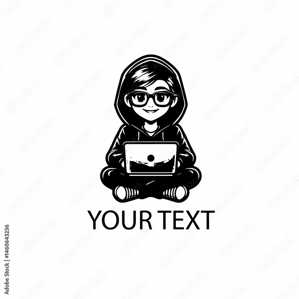 Naklejka premium Female Using Laptop Logo – Monochrome Digital Worker Vector on Isolated White Background