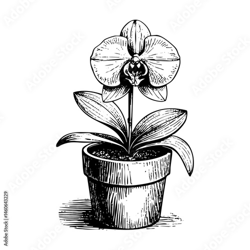 Orchid flower on pot sketch engraving black and white outline. Scratch board imitation.
