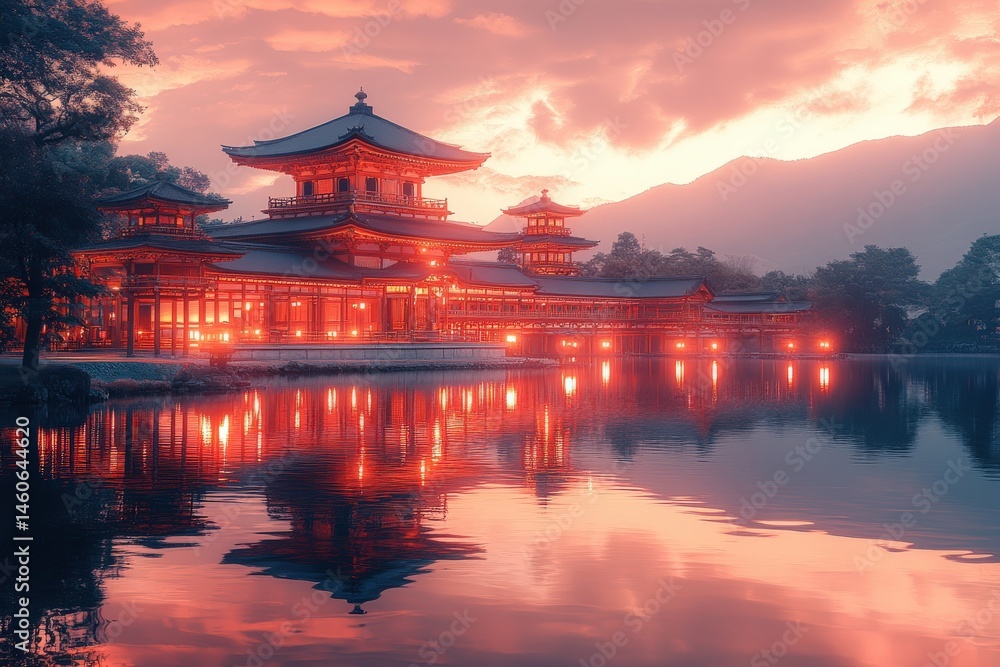 Obraz premium Ornate building reflected in water at dusk under a soft, warm, glowing sky