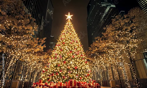 Festive urban holiday scene featuring a bright Christmas tree and gifts