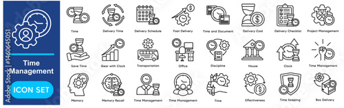 Time Management Icons Collection related to Time, Delivery Time, Delivery Schedule, Fast Delivery, Time and Document.