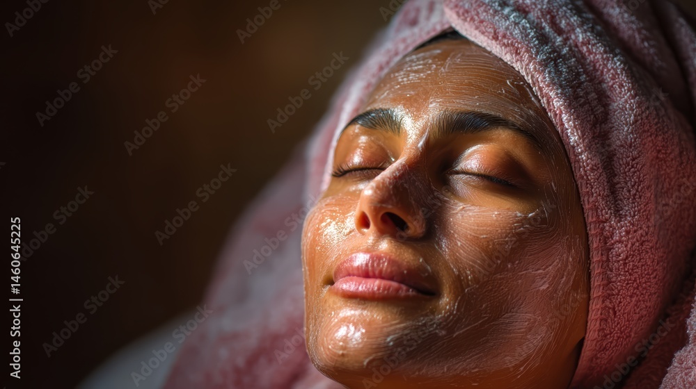 Fototapeta premium Indian woman relaxing at the spa, glowing skin enhanced by a professional facial mask treatment.
