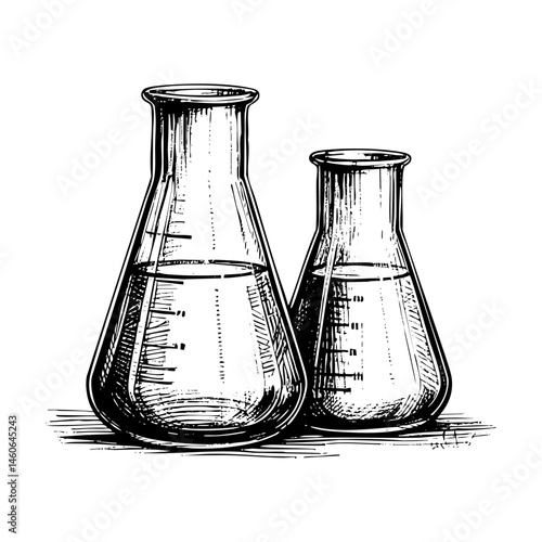 Beaker and erlenmeyer sketch engraving black and white outline. Scratch board imitation.  illustrated in vintage line art style on a white background.