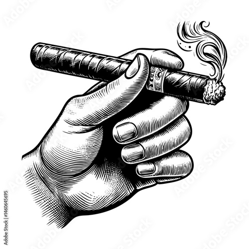Hand holding cigar sketch engraving black and white outline. Scratch board imitation. illustrated in vintage line art style on a white background.