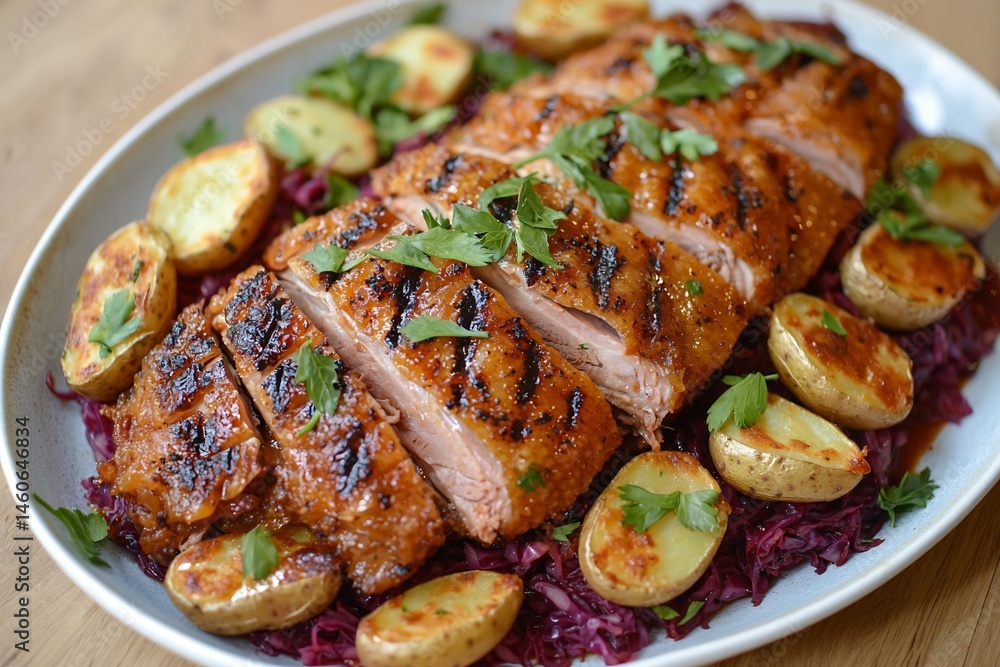 Crispy duck confit golden tender skin served on a bed of braised red cabbage and roasted fingerling potatoes garnished with fresh herbs Crispy duck confit golden tender skin served on a bed of braised red cabbage and roasted fingerling potatoes garnished with fresh herbs