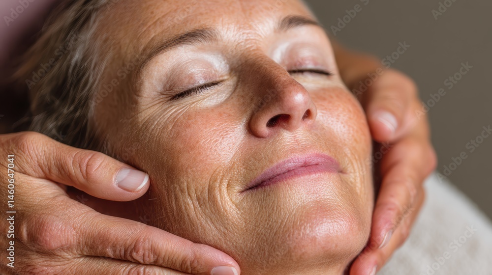 Obraz premium Middle-aged woman receiving professional face lifting massage at luxury spa, masseur performing double chin treatment, close-up shot.