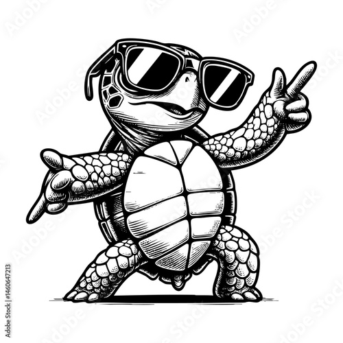 tortoise dance sketch engraving black and white outline. Scratch board imitation.  illustrated in vintage line art style on a white background.
