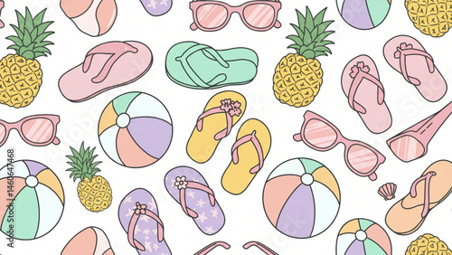 Summer themed pattern with beach balls, sandals and pineapples