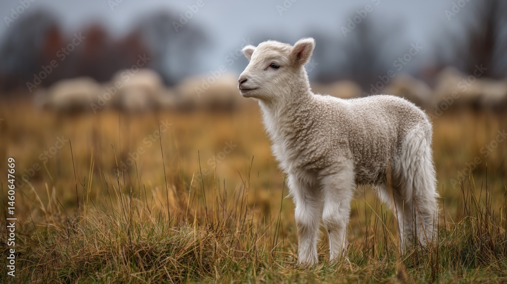 Obraz premium White fluffy baby lamb standing in a farm field with a bokeh farm landscape background of a few sheep behind them,