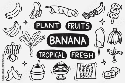 set of banana doodle good for background, wallpaper, element design, icon, etc