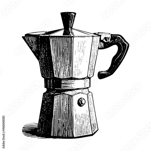 Coffee maker machine sketch engraving black and white outline. Scratch board imitation.  illustrated in vintage line art style on a white background.