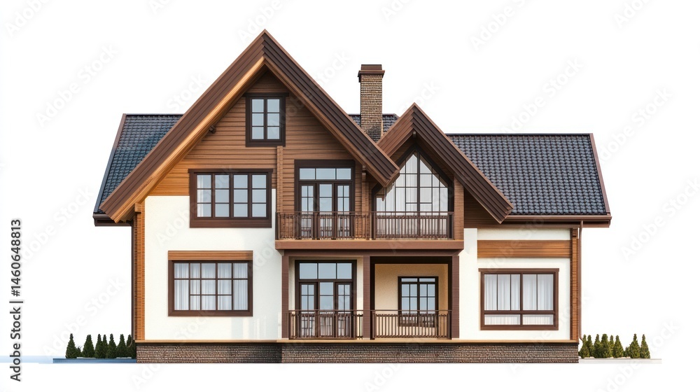 Elegant two-story house with distinctive architectural features against white background Elegant two-story house with distinctive architectural features against white background