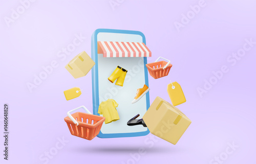 3D vector illustration rendering of mobile online store screen showing clothing and shoes products with parcel boxes, product tags and shopping carts scattered around. App shopping concept.